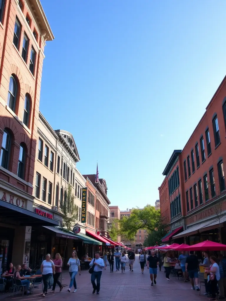 A photograph of Fort Collins' Old Town Square, showcasing its charming historic buildings, vibrant public spaces, and the lively atmosphere of the city. The image should capture the essence of Fort Collins' community spirit.