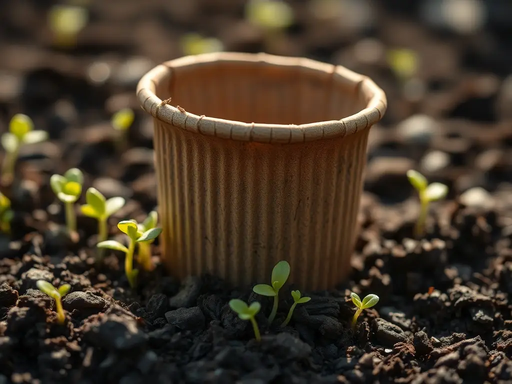 A close-up shot of a compostable coffee cup with visible plant fibers, placed on a bed of soil with small sprouts emerging, symbolizing biodegradability and environmental consciousness.