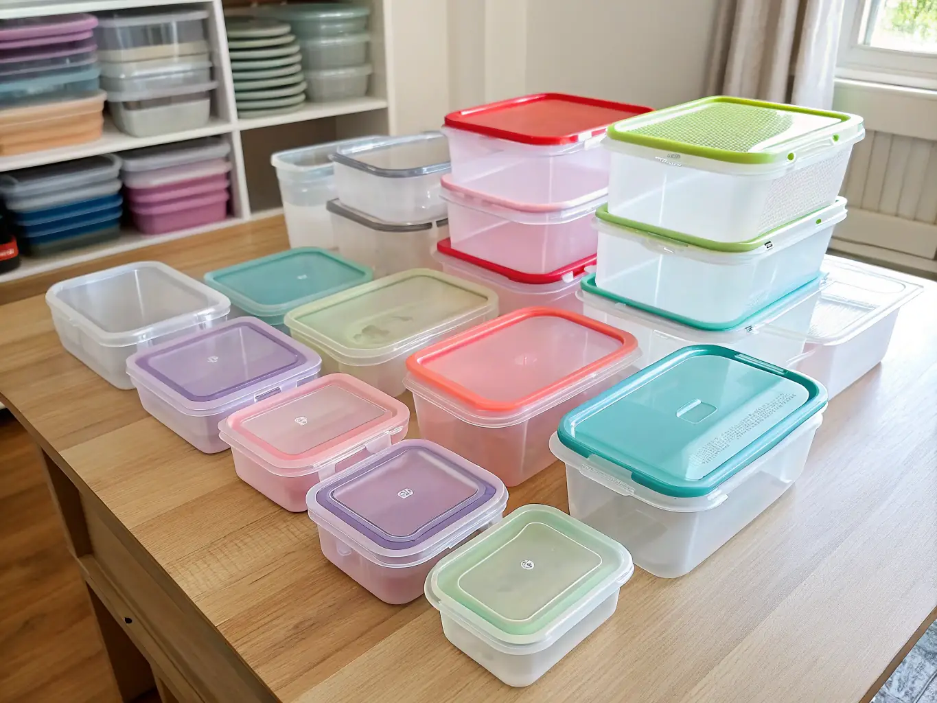 A selection of clear plastic containers and lids, suitable for food storage and takeout, arranged on a table with fresh ingredients in the background. The containers are stackable and leak-proof, emphasizing their practicality.
