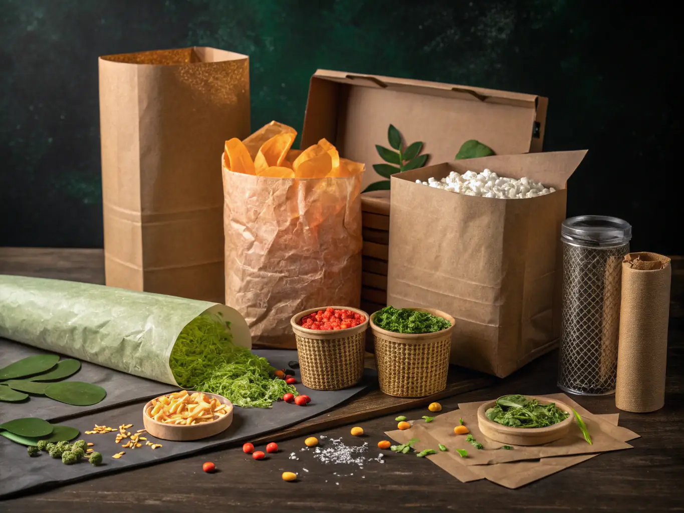 A collection of compostable and biodegradable packaging materials, such as paper bags, plant-based containers, and compostable cutlery, displayed on a wooden surface with greenery in the background. The materials are eco-friendly and sustainable.