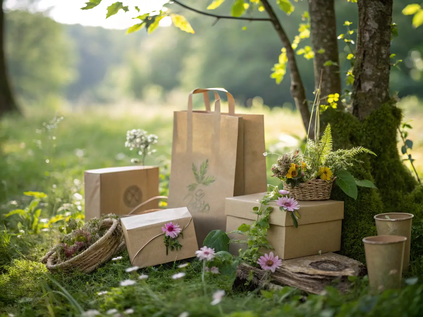 A product packaged in biodegradable wrapping, placed in a natural outdoor setting with leaves and sunlight, highlighting the natural decomposition process and eco-friendliness.