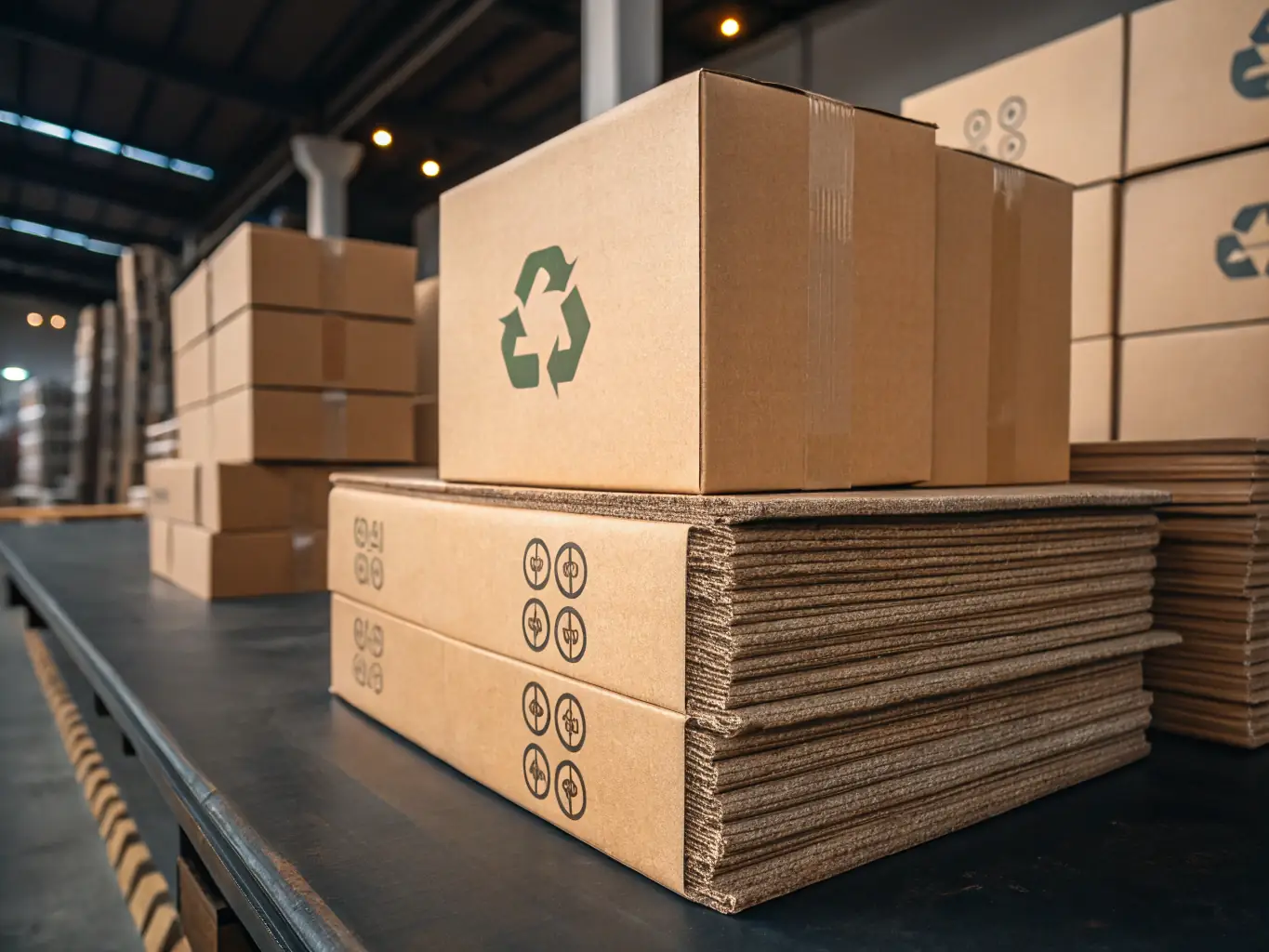 A neatly stacked pile of corrugated cardboard boxes, each bearing a recycling symbol, set against a backdrop of a recycling facility, emphasizing the recyclability and resource conservation.