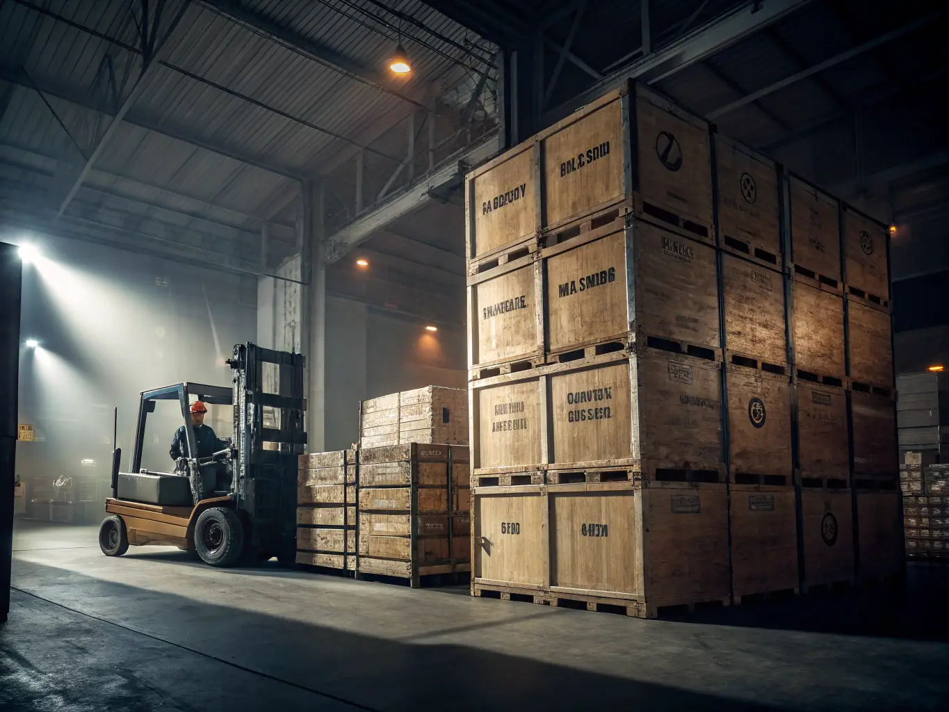 A close-up shot of a variety of corrugated boxes, showcasing different sizes and printing options, stacked neatly in a warehouse setting. The boxes are sturdy and well-made, highlighting their protective qualities.