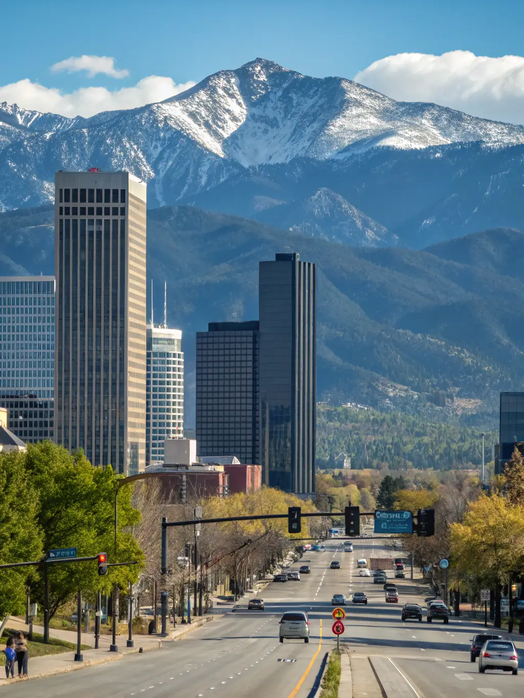 A high-angle, slightly blurred photograph of downtown Denver, Colorado, focusing on the skyline with the Rocky Mountains in the background, taken during a clear, sunny day. The image should evoke a sense of urban vibrancy and the natural beauty of Colorado.