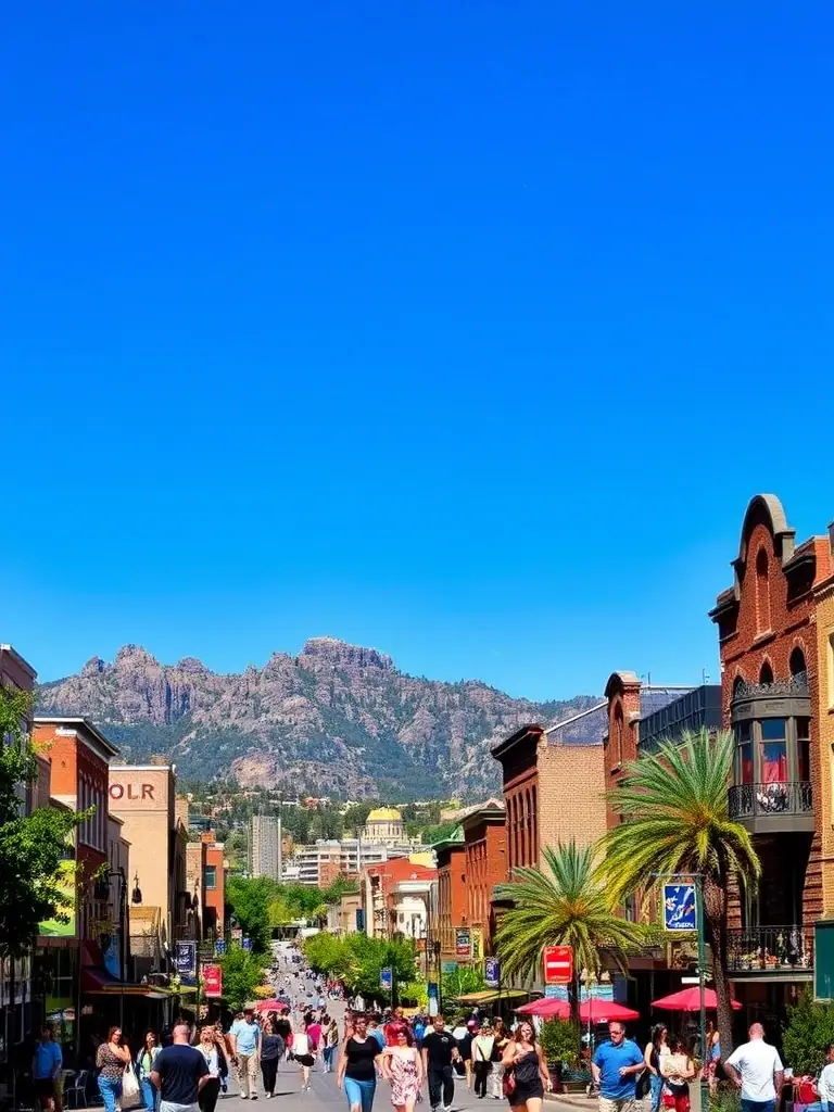 A photograph of Boulder's Pearl Street Mall, showcasing its pedestrian-friendly atmosphere, local shops, and the Flatirons mountains in the distance. The image should capture the unique, eco-conscious vibe of Boulder.